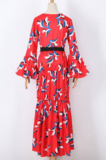Load image into Gallery viewer, Red Printed Deep V-neck Flared Sleeve Evening Prom Dress
