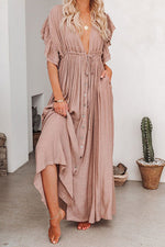 Load image into Gallery viewer, Button Drawstring Waist Bat Maxi Cover Dress
