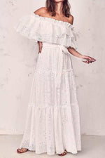 Load image into Gallery viewer, White Off-the-shoulder Ruffled Lace Dress
