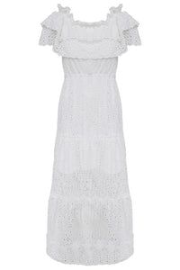 White Off-the-shoulder Ruffled Lace Dress