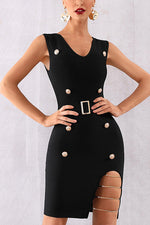Load image into Gallery viewer, Sexy V-neck Button Belt Bandage Dress
