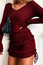 Load image into Gallery viewer, Sexy Grey Knitted Sweater V-neck Long-sleeve Slim Pleated Dress
