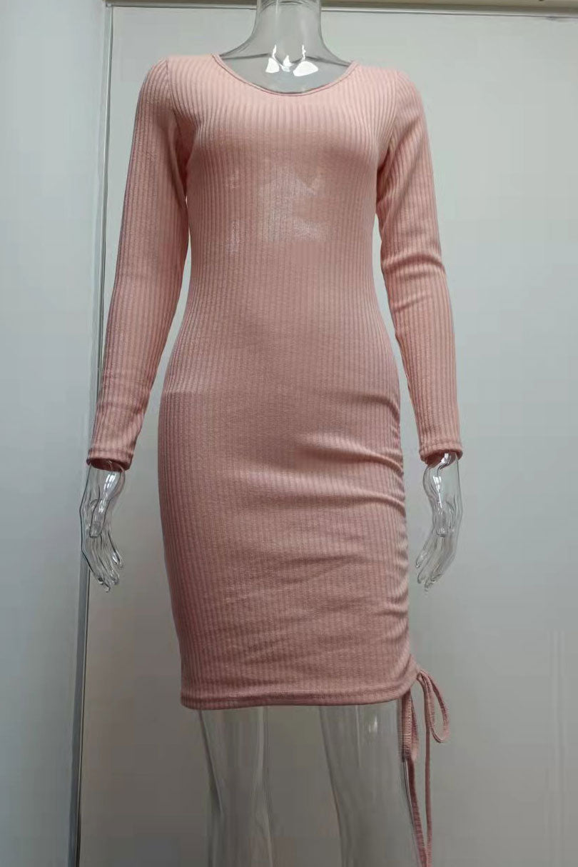 Sexy Grey Knitted Sweater V-neck Long-sleeve Slim Pleated Dress
