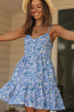 Load image into Gallery viewer, Short Blue Floral Spaghetti Strap A-line Dress
