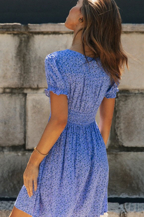Short Blue V-Neck Printed Dress