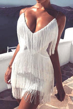 Load image into Gallery viewer, Short Mini White Tassel Spaghetti Straps Party Dress
