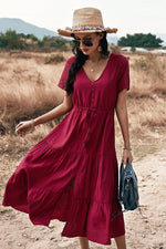 Load image into Gallery viewer, Burgundy Short Sleeve  A-Line Summer Dress

