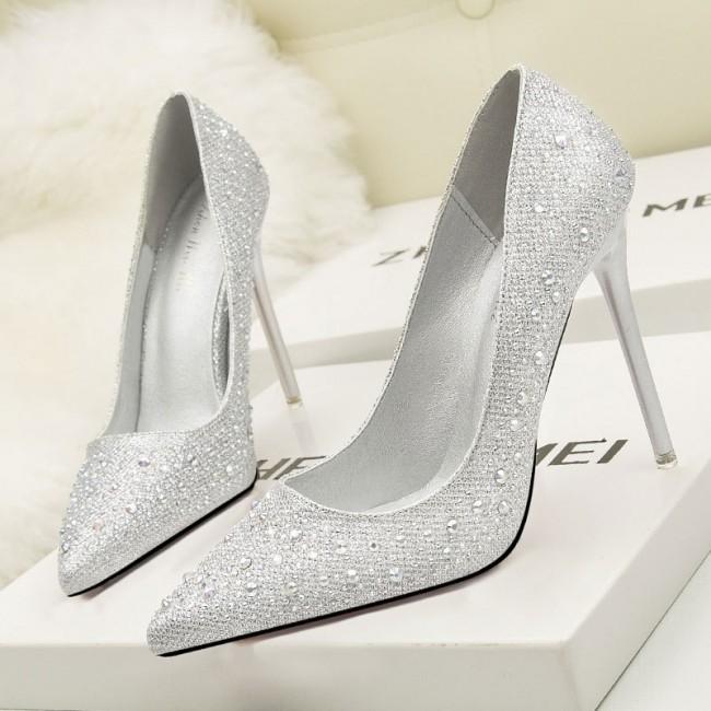 Silver Rhinestone Pointed Toe Stiletto Heels Shoes