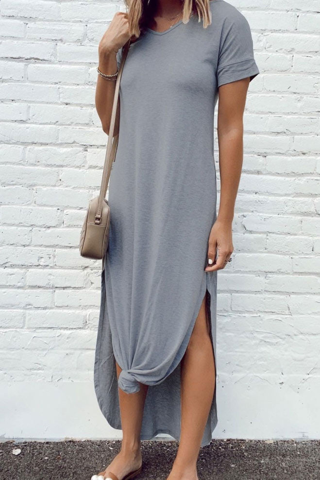 Simple Short Sleeve Side Split Casual Dress