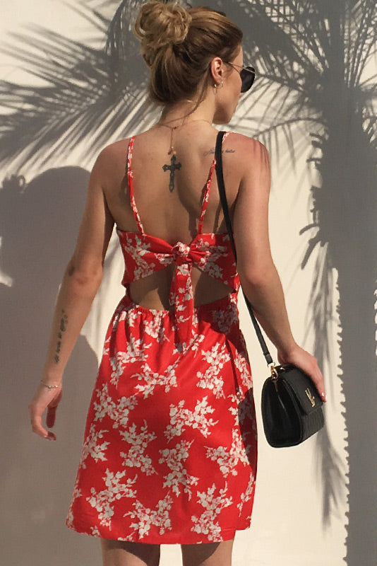 Single Breasted Sleeveless Bowknot Back Floral Dress