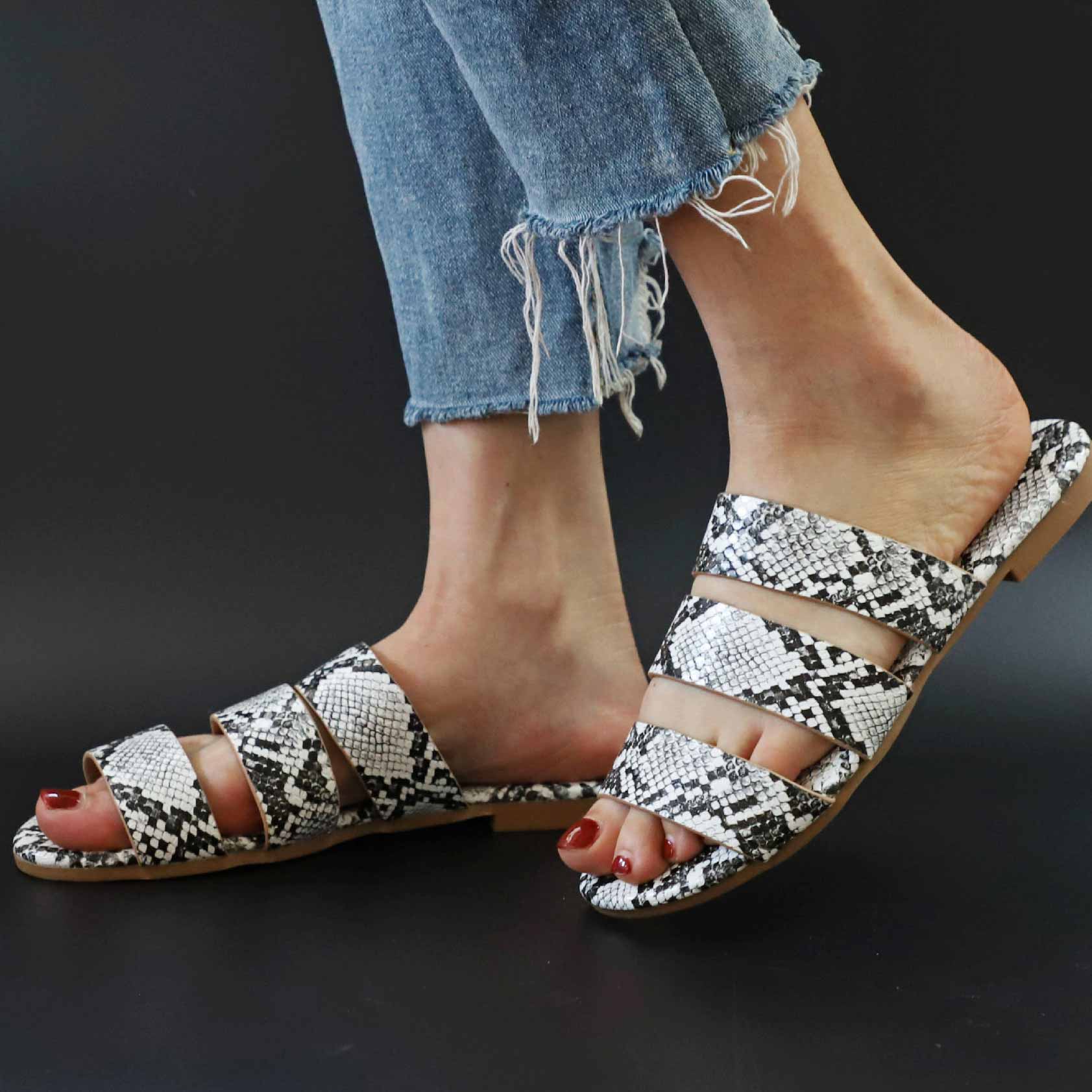 Snakeskin Print Open-toe Flats Sandals