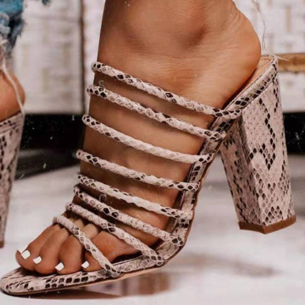 Snakeskin Print Strappy Chunky Heel Sandals