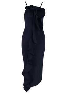Solid Asymmetric Ruffle Trim Slip Prom Dress