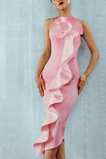 Load image into Gallery viewer, Solid Asymmetric Ruffle Trim Slip Prom Dress
