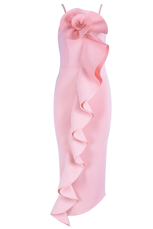 Solid Asymmetric Ruffle Trim Slip Prom Dress