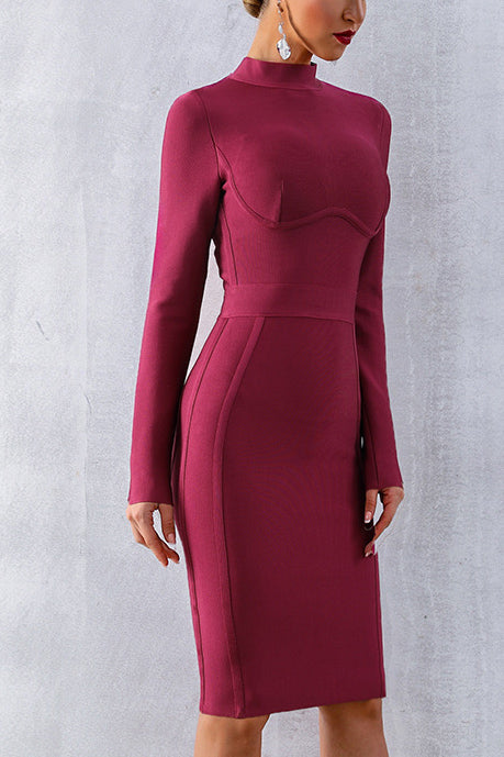 Solid High Neck Bandage Dress With Long Sleeves