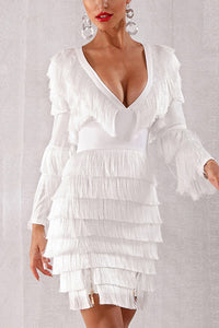 Solid Plunging Layered Tasseled Party Dress