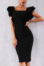 Load image into Gallery viewer, Solid Ruffle Trim Zip Back Bandage Dress

