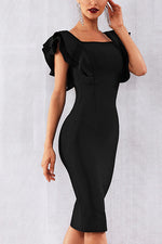 Load image into Gallery viewer, Solid Ruffle Trim Zip Back Bandage Dress
