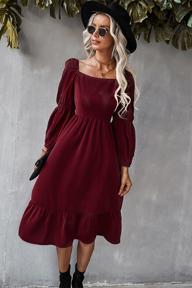 Solid Color A-line Casual Vacation Long Sleeve Dress