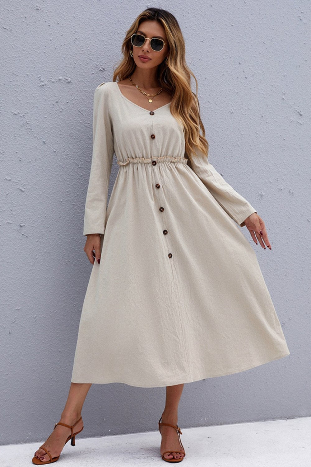 Long-Sleeved Solid Color Waist A-Line Maxi Dress