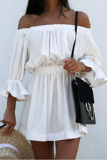 Load image into Gallery viewer, Solid Off Shoulder Frilled Waist Ruffled Short Dress
