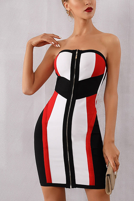 Striped Color-block Strapless Zip Front Bandage Dress