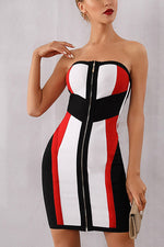 Load image into Gallery viewer, Striped Color-block Strapless Zip Front Bandage Dress
