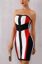 Load image into Gallery viewer, Striped Color-block Strapless Zip Front Bandage Dress
