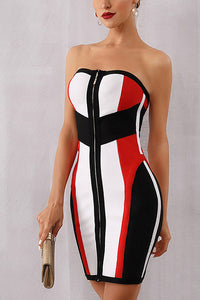 Striped Color-block Strapless Zip Front Bandage Dress