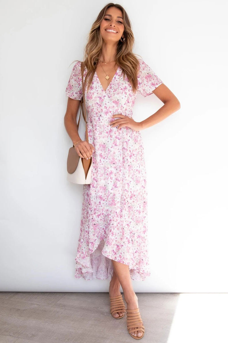 Summer Print Short Sleeves Maxi Dress