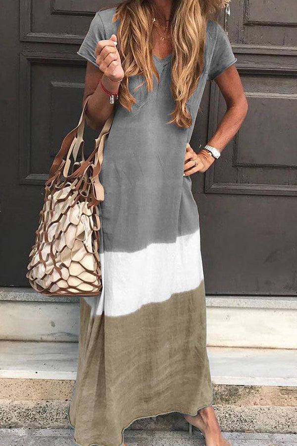 Tri-colored V-neck Maxi Dress With Short Sleeves
