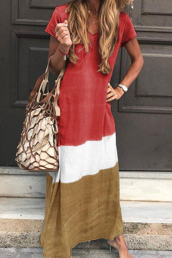 Tri-colored V-neck Maxi Dress With Short Sleeves