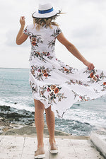 Load image into Gallery viewer, V Neck Asymmetrical Hem Lace-up Floral Dress
