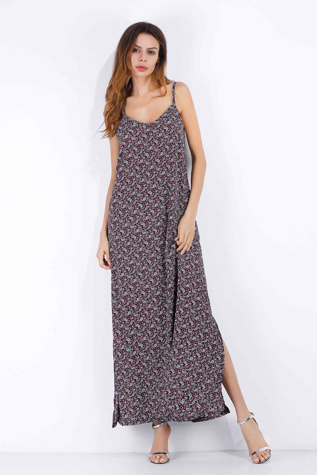 Floral V Neck Backless Slit Maxi Chiffon Dress