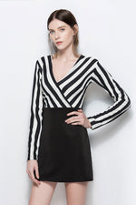 Load image into Gallery viewer, V Neck Striped Long Sleeve Short Dress

