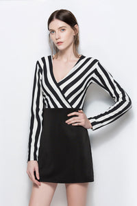 V Neck Striped Long Sleeve Short Dress