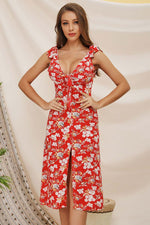 Load image into Gallery viewer, V-neck Tie Shoulder Slit Sleeveless Floral Dress
