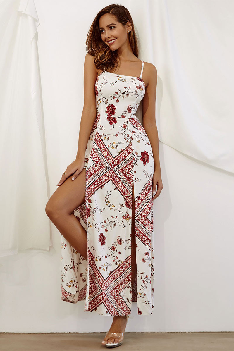 White Floral Print Thigh-high Slit Long Dress