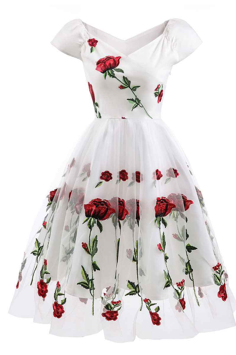 Black Off-the-shoulder Rose Embroidered A-line Prom Dress