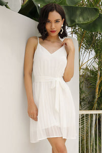 White Pleated Lace-up Chiffon Dress