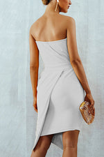 Load image into Gallery viewer, White Ruched Strapless Asymmetric Hem Party Dress
