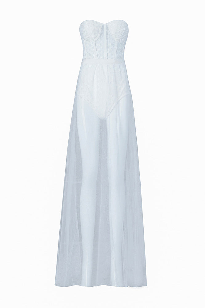 White Strapless Corset Waist Lace Panel Prom Dress