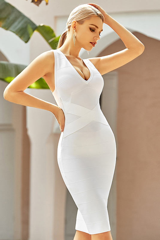 White Knee Length V-Neck Cocktail Party Bandage Dress