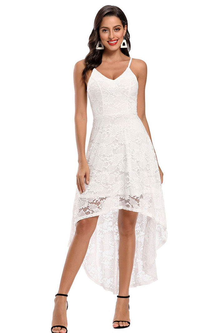 White Lace High-Low Sleeveless Party Cocktail Dress