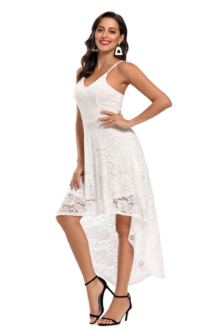 White Lace High-Low Sleeveless Party Cocktail Dress