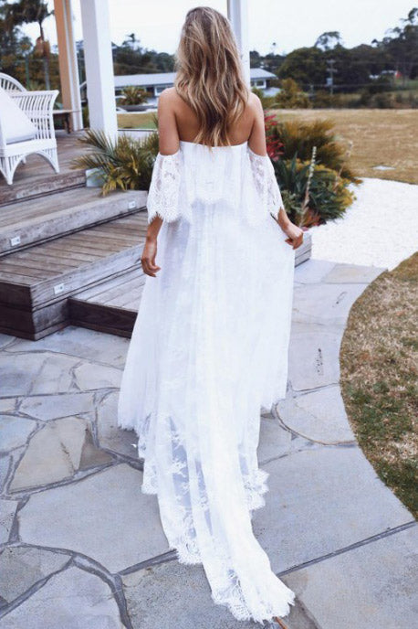 White Lace Off Shoulder A-Line Prom Dress