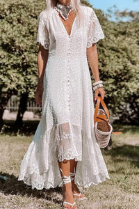 White Lace V-Neck High-Low Maxi Dress