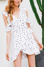 Load image into Gallery viewer, White Polka Dot Ruffles Short Wrap Dress
