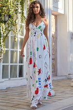 Load image into Gallery viewer, White Print Spaghetti Straps A-Line Maxi Dress
